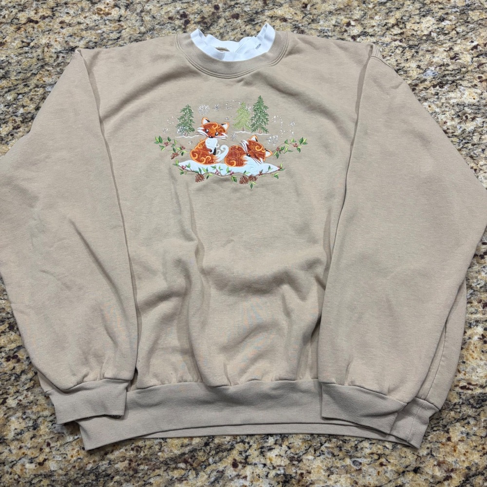 Morning Sun Tan Beige Fox Winter Embroidered Sweatshirt Rhinestones Womens 2XL v